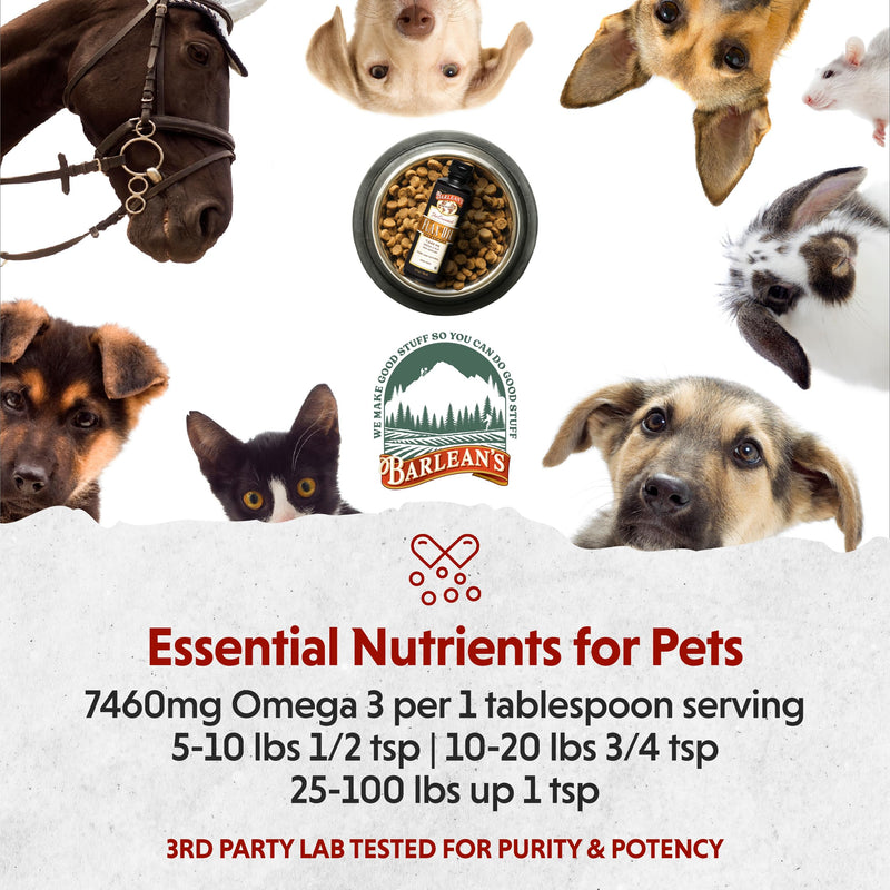 [Australia] - Barlean's Flaxseed Oil for Animals, Pet Essential Liquid Omega 3 Fatty Acids Cat and Dog Oil Supplements for Skin and Coat, Omega 3 for Dogs, Cats and Other Pets, 12 oz 