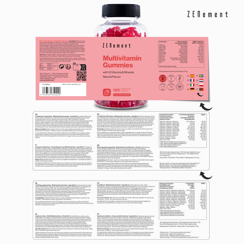 Multivitamin Gummies, with 13 Vitamins & Minerals, 120 Vegetarian Gummies | Natural Strawberry Flavour | with 13 Vitamins & Minerals | Gelatin Free, Vegetarian, Gluten Free | Zenement