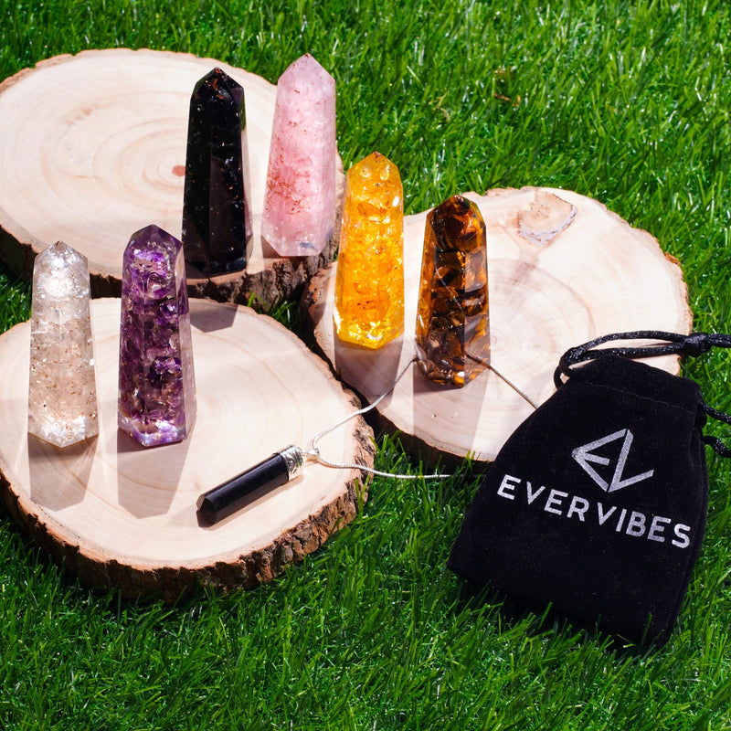 [Australia] - Healing Crystal Wand Set of 6 Orgonite – Includes 3” Amethyst Crystal, Tigers Eye, Rose Quartz, Black Tourmaline Stone, Citrine and Clear Quartz Orgone Crystal Plus Black Tourmaline Necklace 