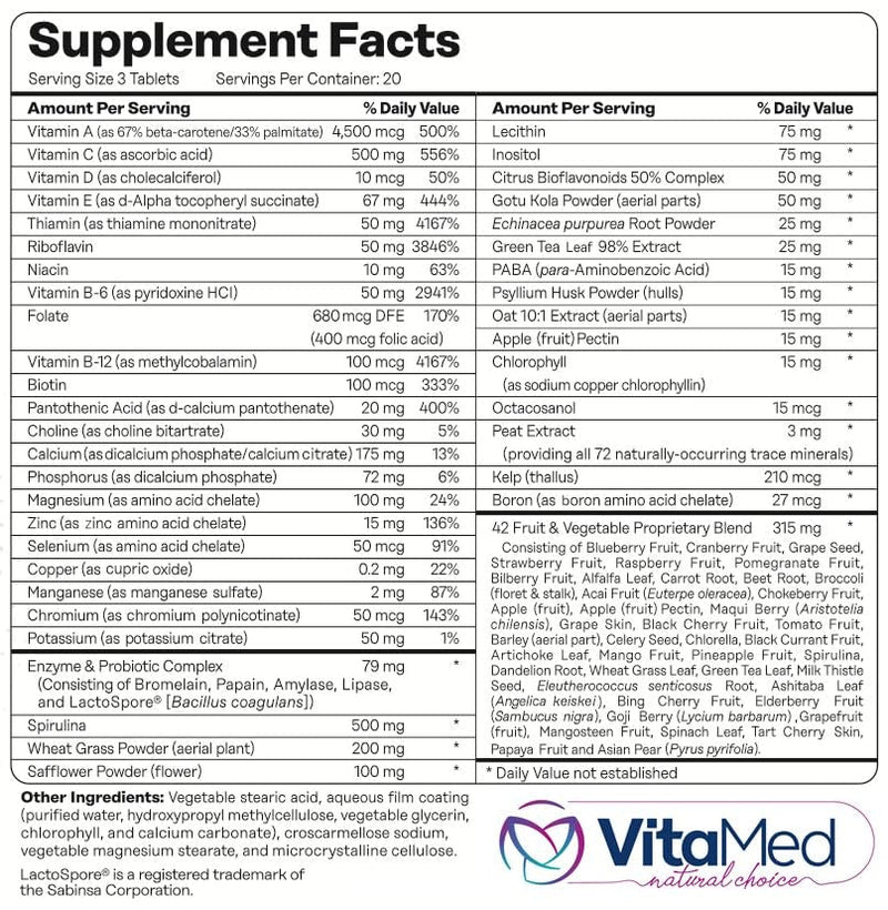 Vita Forte Vegan Multivitamin with Probiotics, Digestive Enzymes & 42 Fruits & Vegetables – Halal Certified, Non-GMO, Gluten-Free, Daily Energy & Immune Support – 60 Vegan Tablets 60 Count (Pack of 1)