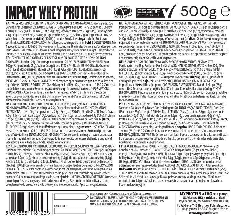 Myprotein Impact Whey Protein – Unflavoured 500G – Muscle Building Powder with Over 80% Protein and 2g Leucine per Serving 500 g (Pack of 1)