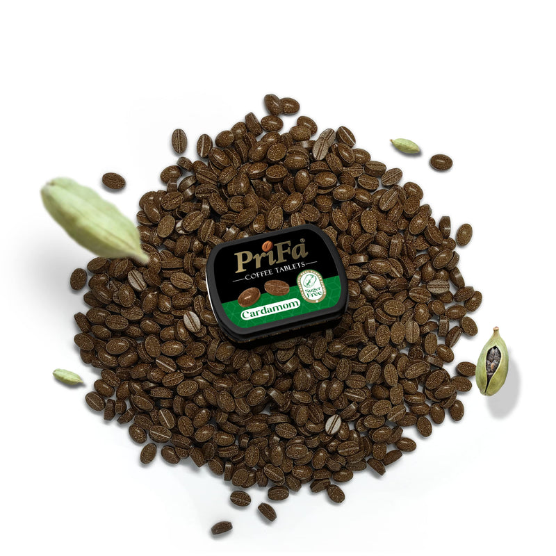 [Australia] - Prifa Cardamom Coffee Tablets- Pocket Coffee, Coffee Candy- Instant solution for Coffee Cravings, No Water Needed- Unsweetened- Keto- Vegetarian- 25 Coffee Bean-Shaped Tablets in Pocket-Sized Tin 