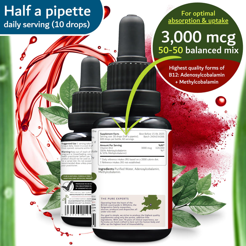 Vitamin B12 Liquid Drops 3000mcg Made in the UK Adeno + Methyl 2 Month Supply Vegan High Strength Sublingual Adenosylcobalamin + Methylcobalamin 30ml