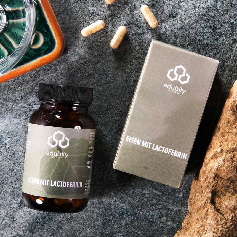 [Australia] - edubily nutrition® iron with lactoferrin. High-dose iron tablets with lactoferrin & vitamin C from acerola extract. 90 easy-to-swallow capsules in an amber glass. 