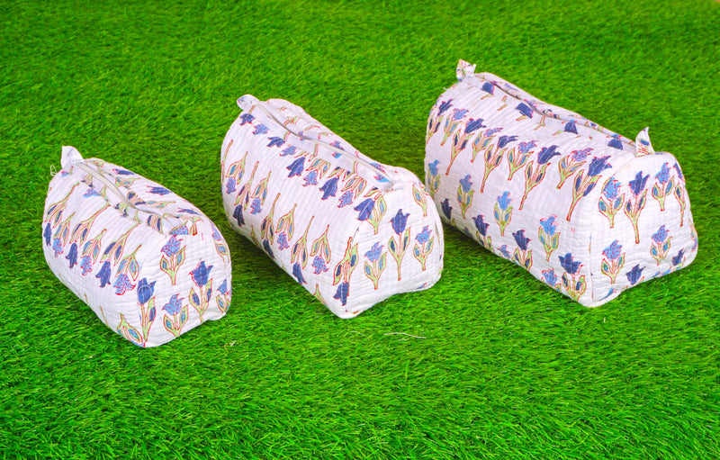 Generic Set of 3 Pieces Indian Handmade Cotton Quilted Handmade Floral Hand Block Print Toiletry Bag,Cosmetic Pouch Bag Makeup Bag For Women (Cotton, White A), 44999