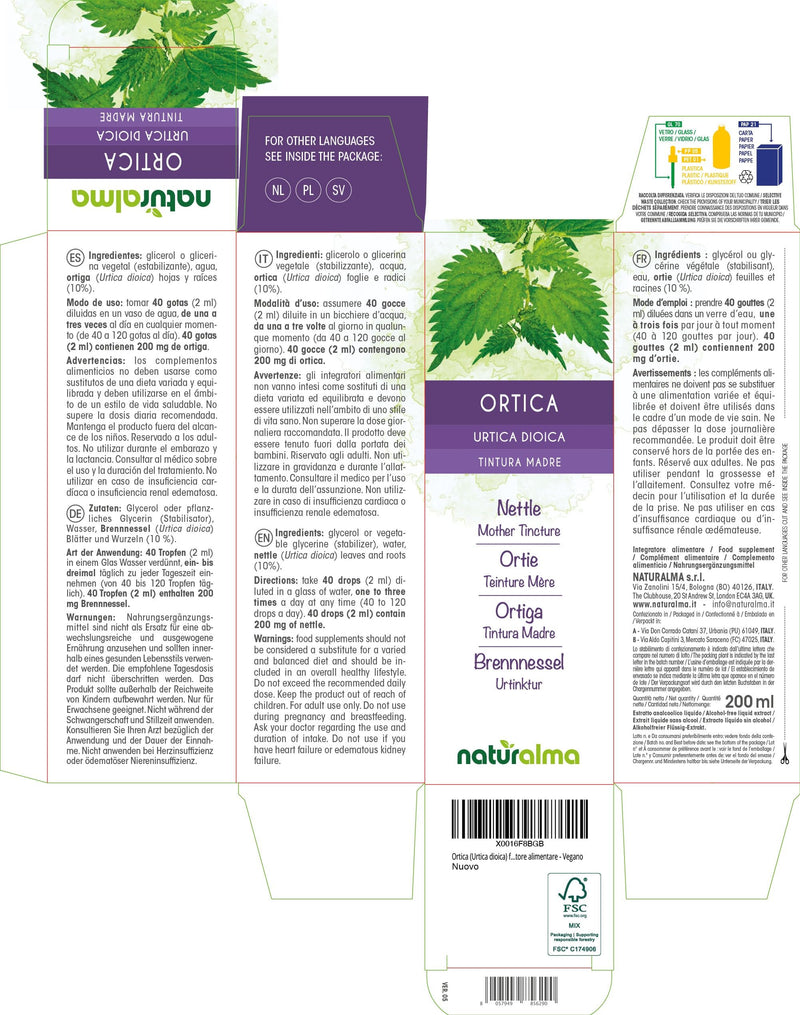 Nettle (Urtica dioica) Leaves and Roots Alcohol-Free Mother Tincture Naturalma - Liquid Extract Drops 200 ml - Food Supplement - Vegan 200 ml (Pack of 1)