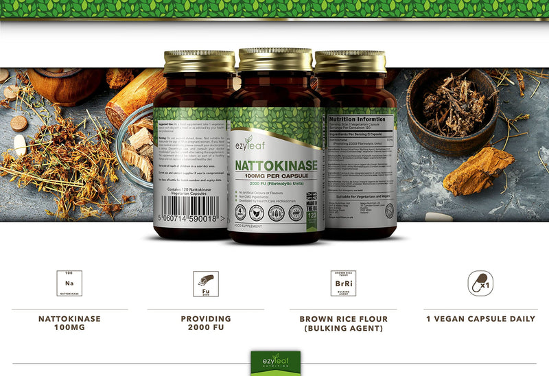 Ezyleaf Nattokinase 100mg 2000 FU | 120 Vegan Capsules | Protein Enzyme from Japanese Natto | No Artificial Ingredients | ISO Certified, Vegan, Dairy & Gluten Free, Non-GMO | Manufactured in The UK