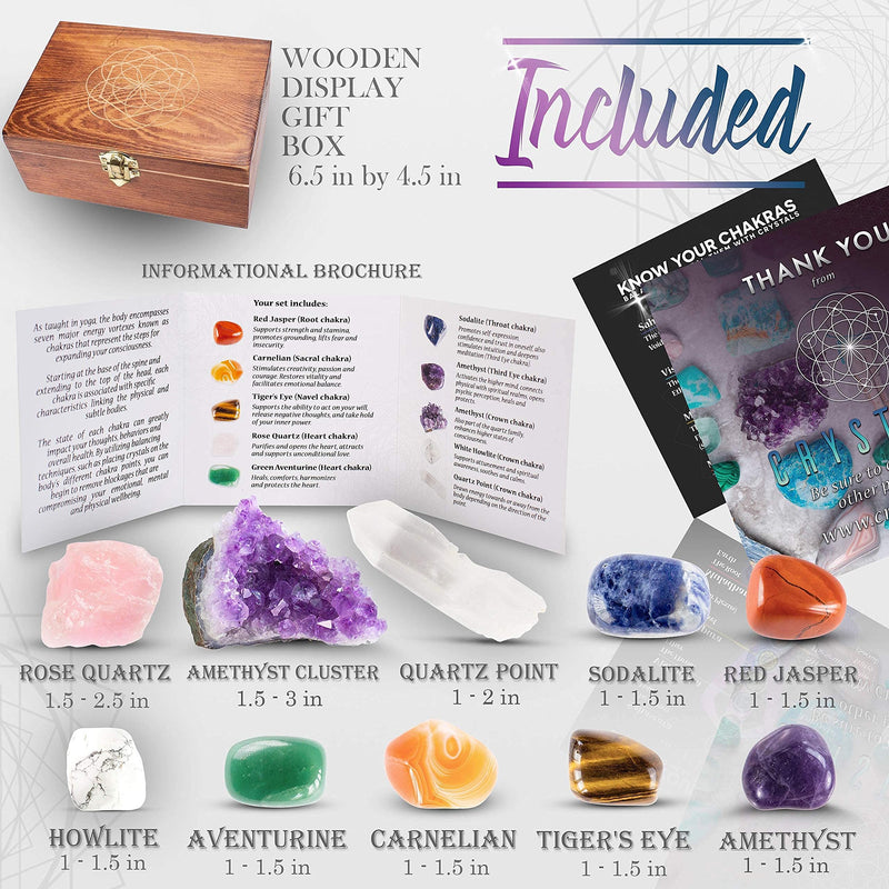 [Australia] - Large Premium Crystals and Healing Stones in Wooden Gift Box + 50pg EBOOK – 7 Chakra Tumbled Gemstones, Amethyst Crystal, Rose Quartz, Quartz Crystal Point, and Info Guide, Made in U.S.A. Chakra Balancing 