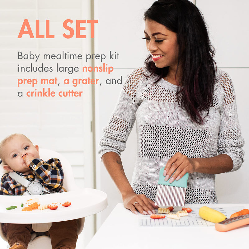 Boon DIVVY Baby Solid Food Prep Starter Kit - Includes 11x14 Silicone Placemat, Grater, and Crinkle Cutter - Baby Feeding Set - Baby Food Cutting Mat for Baby Feeding Supplies - 3 Count