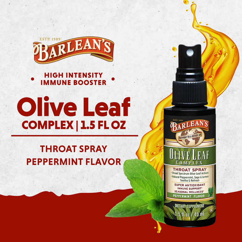 [Australia] - Barlean's Olive Leaf Complex Throat Spray with Peppermint, Lemon, & Sage for Itchy Throat Relief, Immune Support Supplement for Seasonal Wellness, Liquid Blended Extract, 1.5 oz Olive Leaf Throat Spray - 1.5 oz 