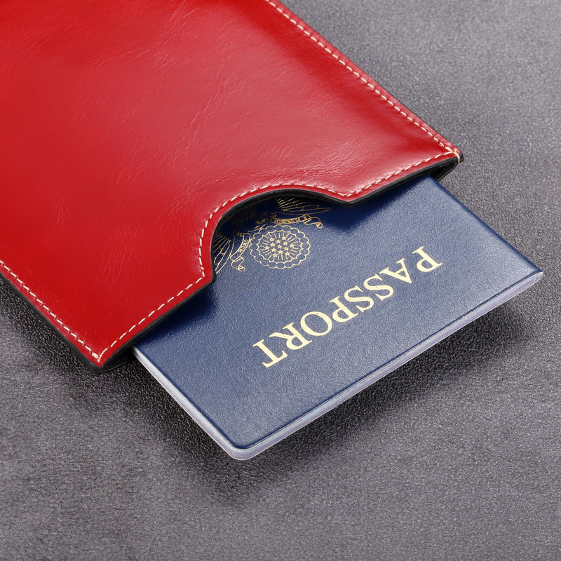 HISCOW Minimalist Leather Passport Sleeve, Slim Holder, Antiqued Red | Full grain cowhide, quick-access U-notch, RFID blocking cover, soft smooth lining, international travel essentials