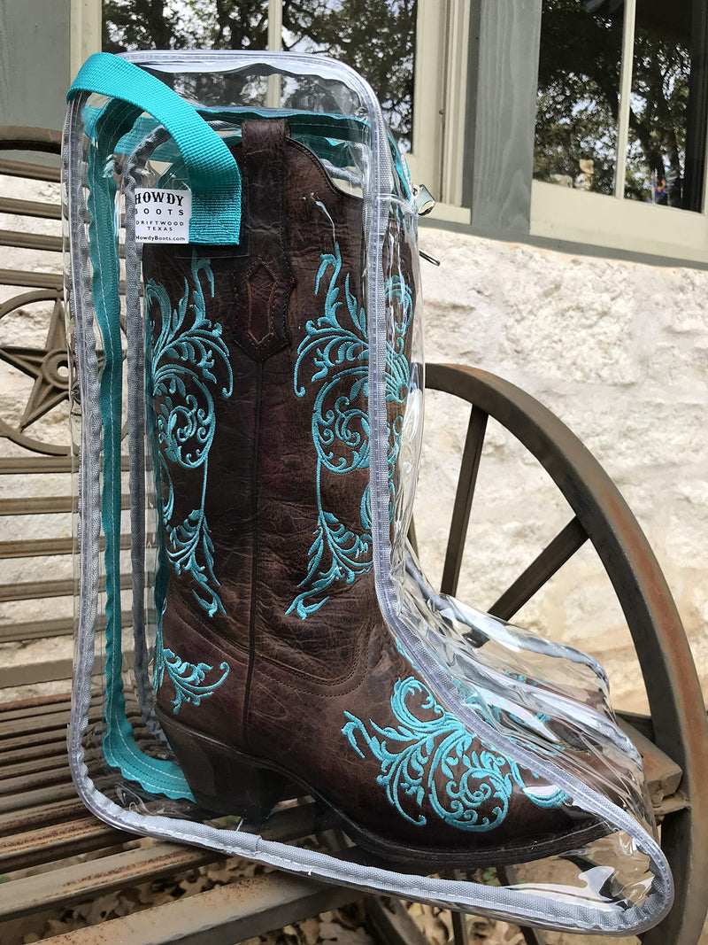 Howdy Boot Bag - clear see-thru waterproof storage bag for cowboy boots mens and womens tall riding boots travel accessories shoe organizer and closet or under bed space saver storage hanging bags. Turquoise