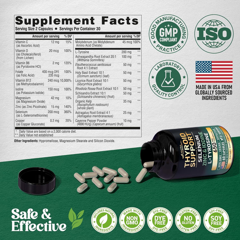 [Australia] - Thyroid Support for Women - Selenium 200 mcg | Zinc & Iodine | L-Tyrosine | Magnesium | Adaptogen Herbs - 20-in-1 Antioxidant & Immune Support - Vegan, NON-GMO, Lab Tested - 60 Capsules, Made in USA 