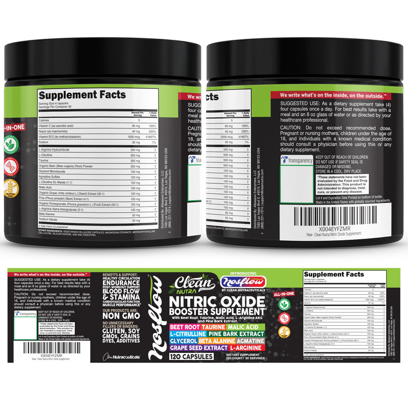 NosFlow Nitric Oxide Supplements for Men | Beet Root Taurine L-Arginine Malic Acid L-Arginine L-Citrulline Pine Bark Glycerol Agmatine Grape Seed Vitamin C B12 B3 By Clean Nutra 1