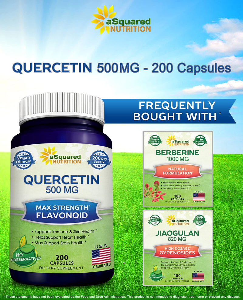 [Australia] - aSquared Nutrition Quercetin 500mg Supplement - 200 Capsules - Quercetin Dihydrate to Support Cardiovascular Health - Max Strength Powder Complex Pills to Help Improve Immune Response 
