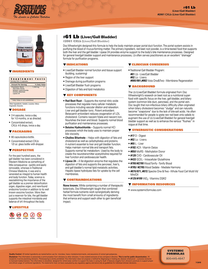 [Australia] - Systemic Formulas Lb – Liver/Gall Bladder 60 Capsules Bio Function #61. Liver + Gall Bladder Support, Portal Duct Function Supplement. Contains Red Beet Root Powder. 