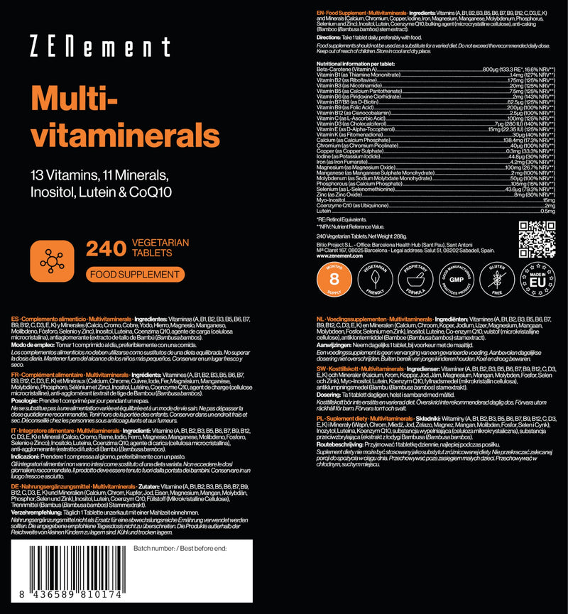 Multivitaminerals, 13 Vitamins, 11 Minerals, Inositol, Lutein & CoQ10, 240 Vegetarian Tablets | for Men & Women | Preservative-Free, Non-GMO, GMP | Zenement
