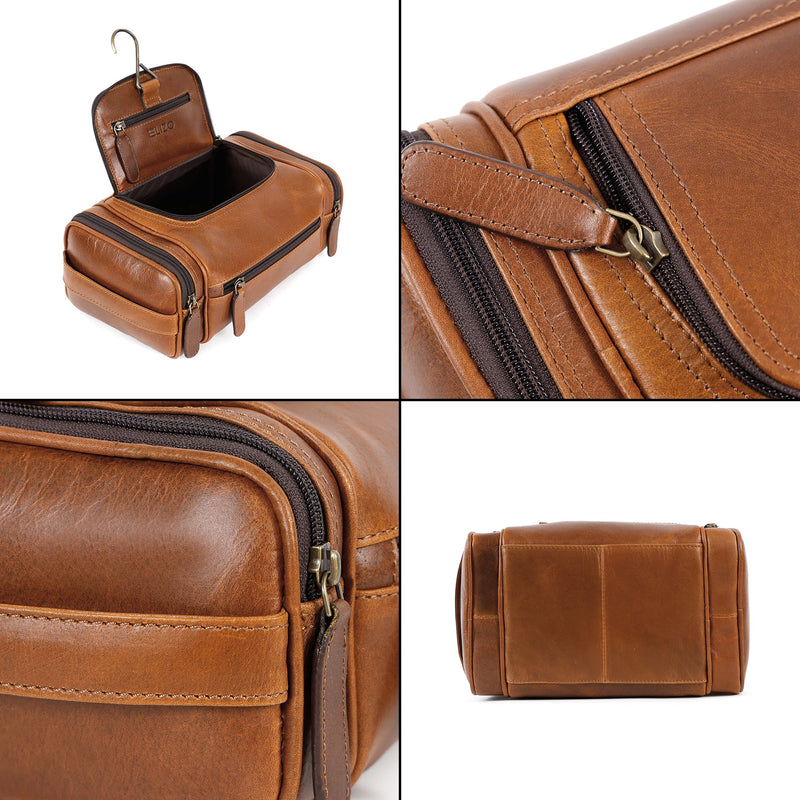 Real Leather Toiletry Bag for Men - Large Hanging Travel Organizer for Toiletries, Ideal for Dopp Kit & Shaving Kit for Men, Essential Mens Travel Toiletry Bag for Toiletries (Cognac)