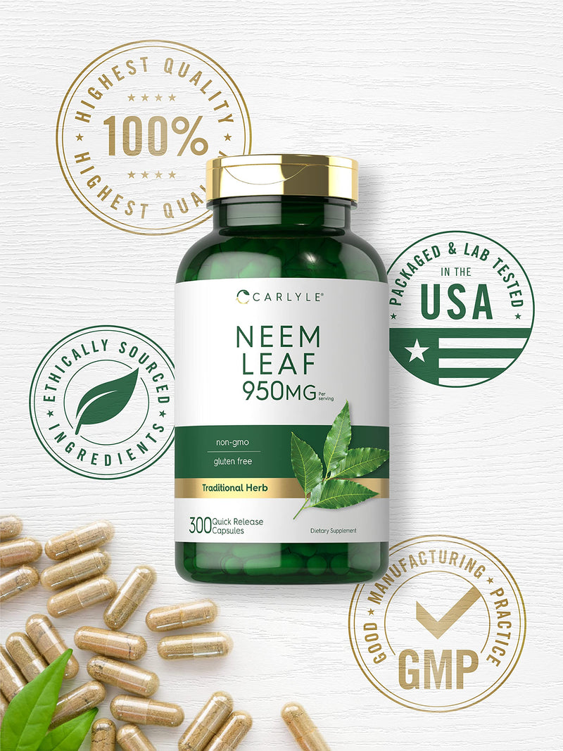 Carlyle Neem Leaf | 950mg | 300 Powder Capsules | Non-GMO and Gluten Free Formula | Value Size | Traditional Herbal Supplement | Azadirachta Indica 300 Count (Pack of 1)