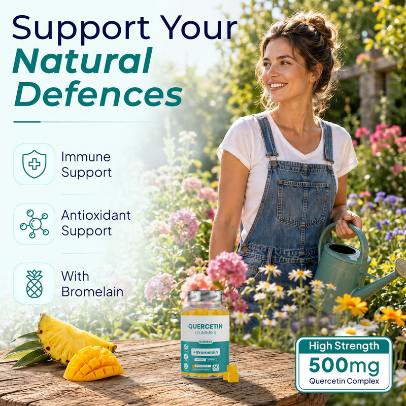 Quercetin Gummies with Bromelain & Vitamin C - 500mg Quercetin Complex Supplement - High Strength Antioxidant & Immune Defence Support - Vegan Mango Flavour - 60 Gummies