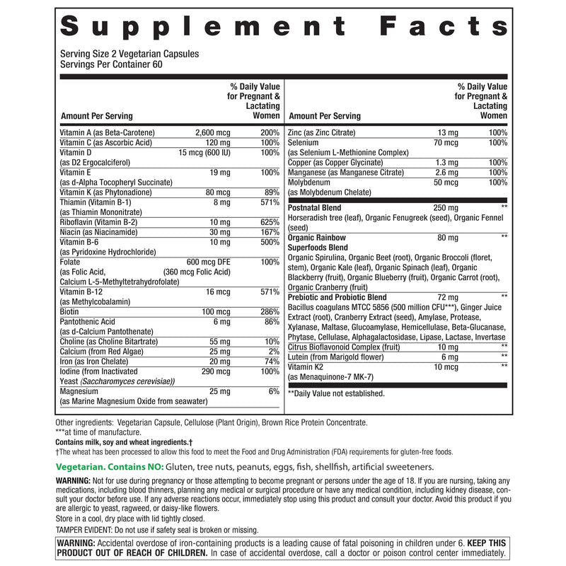 Rainbow Light Postnatal Multivitamin for Women | 120 Capsules | Supports Mom’s Health & Baby’s Development | with Vitamin C and Zinc | Superfoods Blend & Probiotics