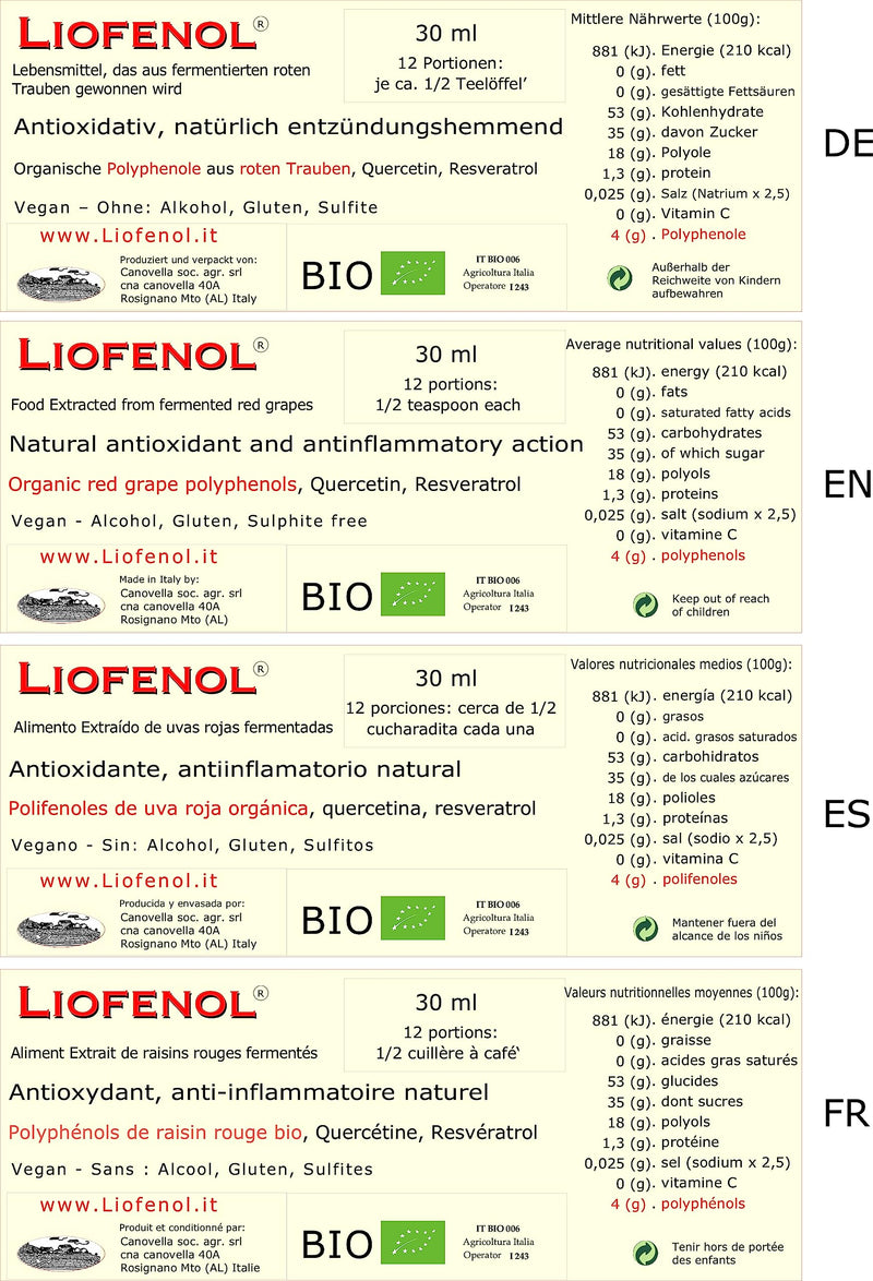 [Australia] - Liofenol 30 ml - Natural antioxidant and anti-inflammatory agent - Polyphenols, Resveratrol, Quercetin - Lyophilized extract of fermented organic red grapes 