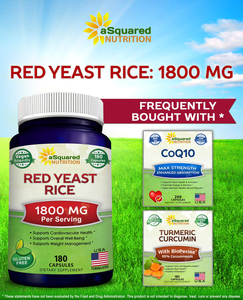 [Australia] - aSquared Nutrition Red Yeast Rice 1800mg - Dietary Supplement Vegan Powder Pills to Support Cardiovascular Health - 180 Veggie Capsules 