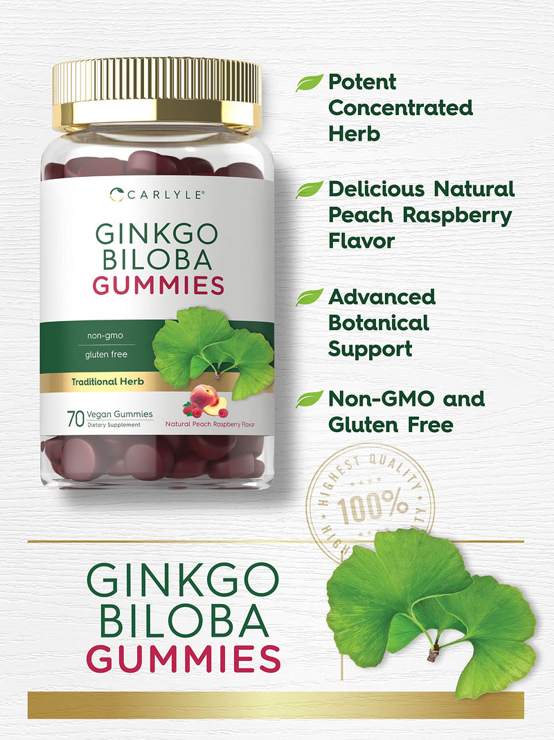 Carlyle Ginkgo Biloba 300mg | 70 Gummies | 45:1 Leaf Extract | with Peach Raspberry Flavor | Vegan, Non-GMO, Gluten Free Supplement