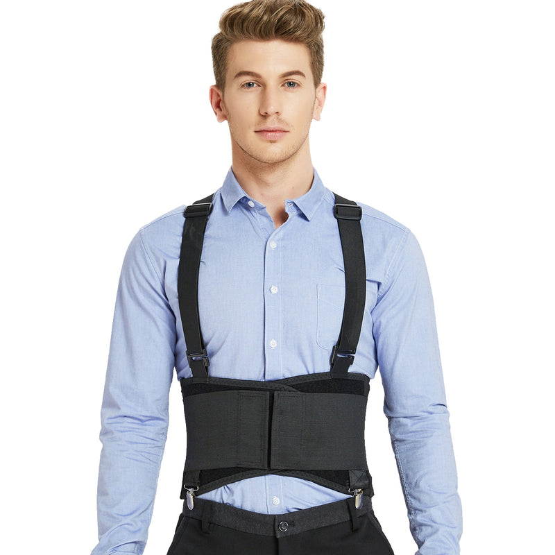NeoTech Care Lumbar Brace with Removable Pants Clips & Detachable Suspenders - Back Support Belt - Adjustable, Light, Breathable - Shoulder Holsters - Work, Posture (Black, Size M) Black