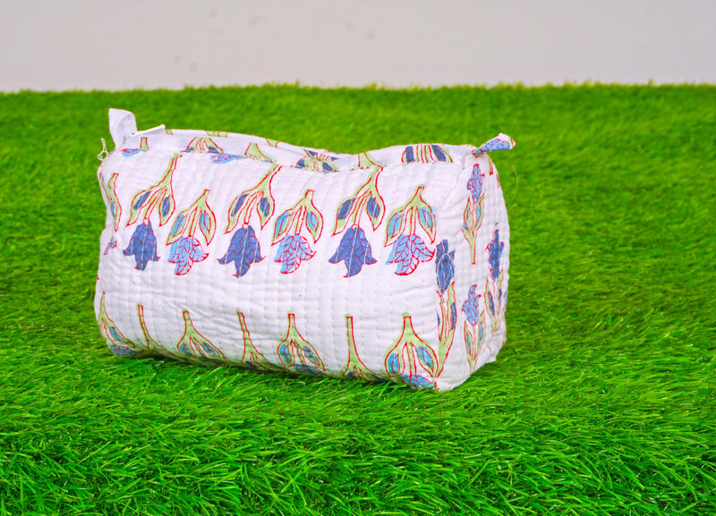 Generic Set of 3 Pieces Indian Handmade Cotton Quilted Handmade Floral Hand Block Print Toiletry Bag,Cosmetic Pouch Bag Makeup Bag For Women (Cotton, White A), 44999