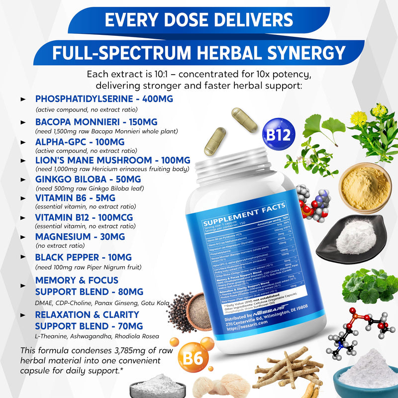 [Australia] - Phosphatidylserine, Bacopa, Alpha-GPC, Lion‚Äôs Mane & Ginkgo ‚Äì Support Cognitive Function & Focus ‚Äì 150 Capsules ‚Äì Made in USA 150 Count (pack of 1) 