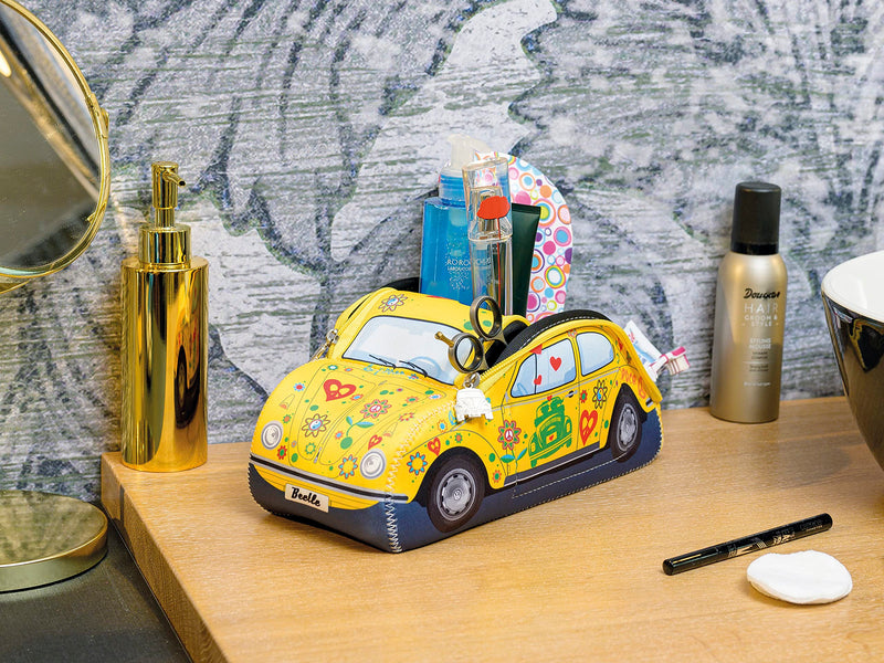BRISA VW Collection - Beetle Bug Toiletry Bag Cosmetic Case | Volkswagen Toiletry Bag Cosmetic Case, Water-Repellent, 3 Mesh Compartments for Travel, Neoprene, Yellow Large Large (30 x 12.5 x 12 cm) Flower