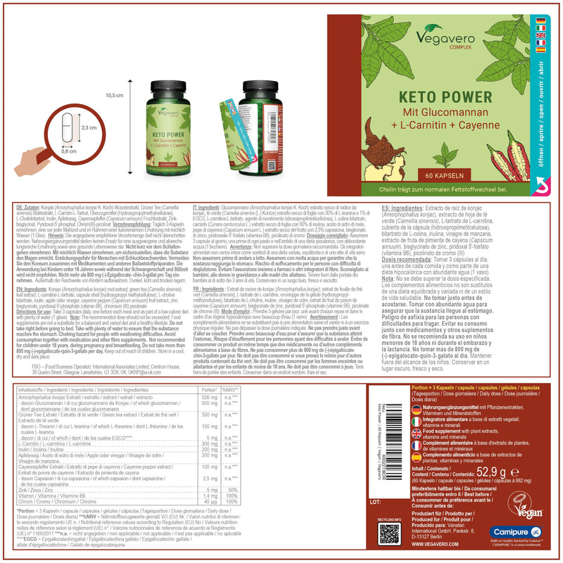 [Australia] - Keto Power | Highly dosed with glucomannan, apple cider vinegar, choline and L-carnitine | Vegan & No Additives | 60 capsules | German production of Vegavero® 