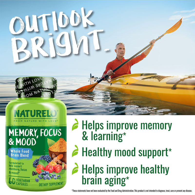 NATURELO Whole Food Brain Supplement for Focus Support, 60 Capsules | Memory and focus supplements, for adults, vegetarian capsules, cognitive health supplement, high potency Aronia berry extract 60 Count (Pack of 1)