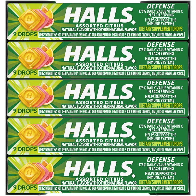 HALLS Defense Assorted Citrus Vitamin C Dietary Supplement Drops, 180 ct | Throat Drops, 20 Sticks of 9 180 Ounce (Pack of 1)