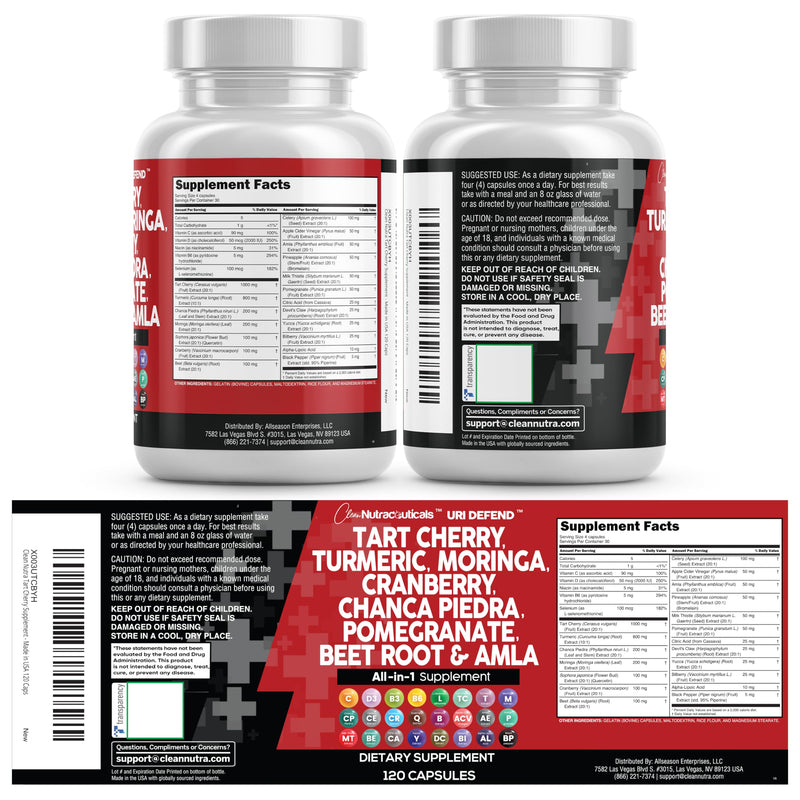 Clean Nutraceuticals Tart Cherry Extract Capsules with Turmeric Moringa Cranberry Chanca Piedra Celery Quercetin ACV Pomegranate L Selenomethionine - Uric Levels - 120 Ct 1