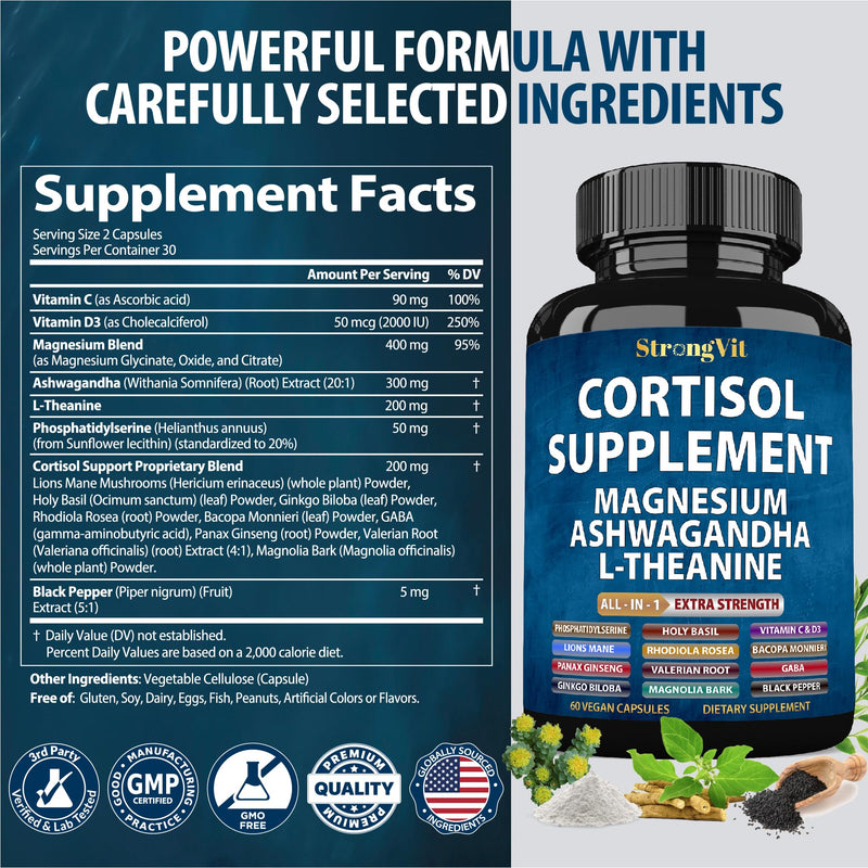 StrongVit Cortisol Supplements for Women and Men with Magnesium, Ashwagandha & L-Theanine. High Cortisol Reducer, Manager, Detox, Lower and Control. Sleep Support & Stress Relief, USA 60 Count (Pack of 1)