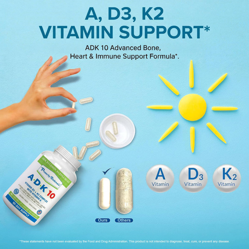 Power By Naturals ADK 10 Vitamin Supplement – Vitamins A, D3 & K2 MK-7 for Bone, Heart & Immune Health – Gluten-Free, Soy-Free – 90 Capsules (3-Month Supply) 90 Count (Pack of 1)
