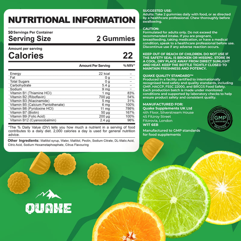 Quake Vitamin B Complex Gummies – High Strength B1, B2, B3, B5, B6, B7, B9 & B12 – Energy & Metabolism Support – Vegan, Sugar Free – Citrus Flavour – 100 Gummies (50 Day Supply)