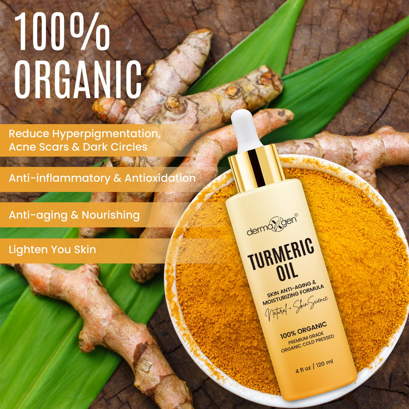 Organic Turmeric Oil for Skin Lightening - Turmeric Face Oil for Dark Spots, Anti-Aging & Hydrating Dry Skin - Glow Moisturizer for Face, Neck & Eyes (4 FL OZ / 60 ML) 4 Fl Oz (Pack of 1)
