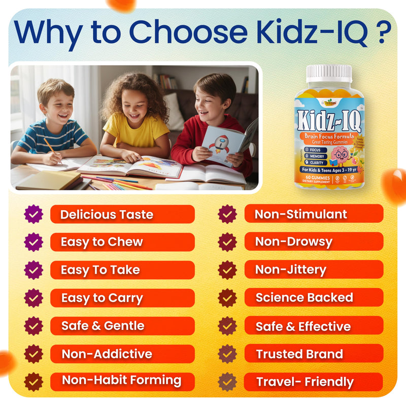 Kidz IQ Omega 3 for Kids, Focus Supplement for Kids, DHA Focus Gummies for Teens, Brain Supplements for Memory, Attention and Concentration Support, Orange Flavor, Non-GMO, Gluten-Free, 60 Gummies