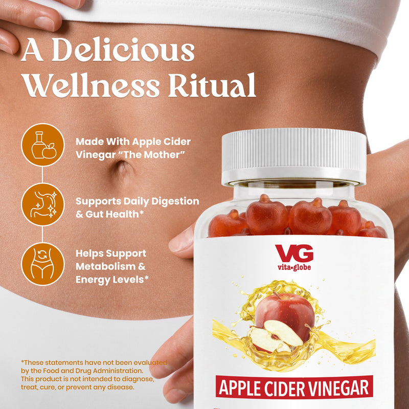 VITA GLOBE Apple Cider Vinegar Gummies 500mg with Mother, B6, B12 & Folate | Non-GMO, Vegan Daily Wellness Chewables, Digestive & Immune Support, 60 Gummies
