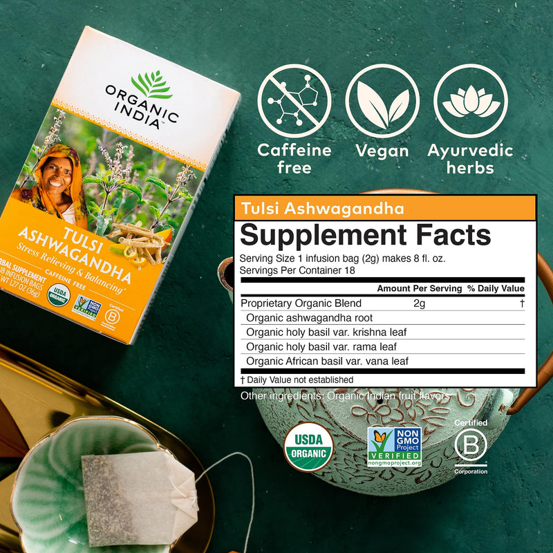 [Australia] - ORGANIC INDIA Calming Tulsi Ashwagandha Herbal Tea - Holy Basil Tea with Ashwagandha Root, Supports Restful Sleep - Adaptogen, Vegan, USDA Certified Organic, Non-GMO - 18 Infusion Bags, 3 Pack 18 Count (Pack of 3) 