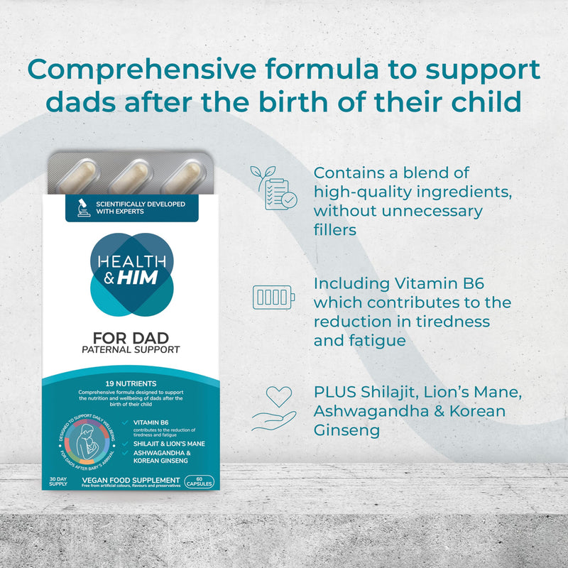 Health & Him for Dad - Mens Multi-Nutrient Paternal Support - Contains Shilajit, Lion's Mane, Ashwagandha & Korean Ginseng - 60 Capsules - 30 Day Supply - Vegan & Gluten Free 60 count (Pack of 1)