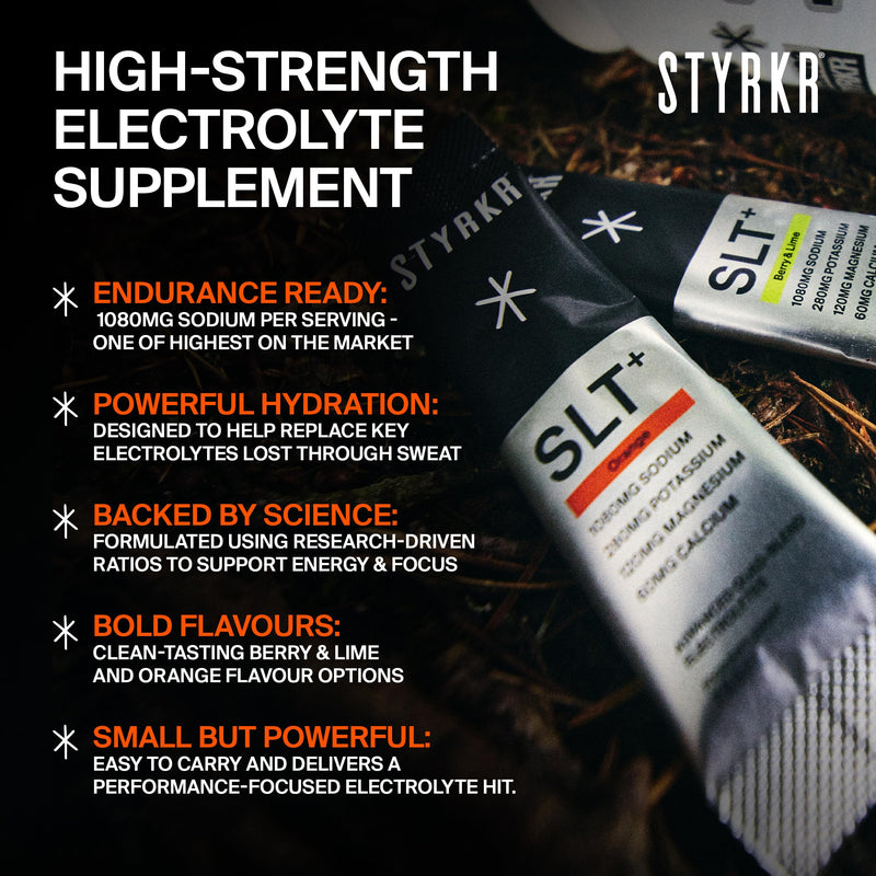 Styrkr SLT+ High Sodium Electrolyte Powder Sachets (30 Servings 1000mg+ Sodium) – Zero Sugar Hydration Drink Mix for Running, Cycling & Endurance – Electrolytes with Magnesium & Potassium (Orange) Orange
