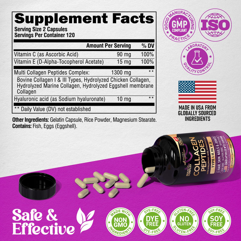 Multi Collagen Peptides 1300mg - Hydrolyzed Types I II III V & X - 240 Caps | Collagen Supplements for Women + Hyaluronic Acid, Vitamin C & E - Skin Hair Nails & Joint Support, Lab Tested, 120-Day Supply 240 Count (Pack of 1)