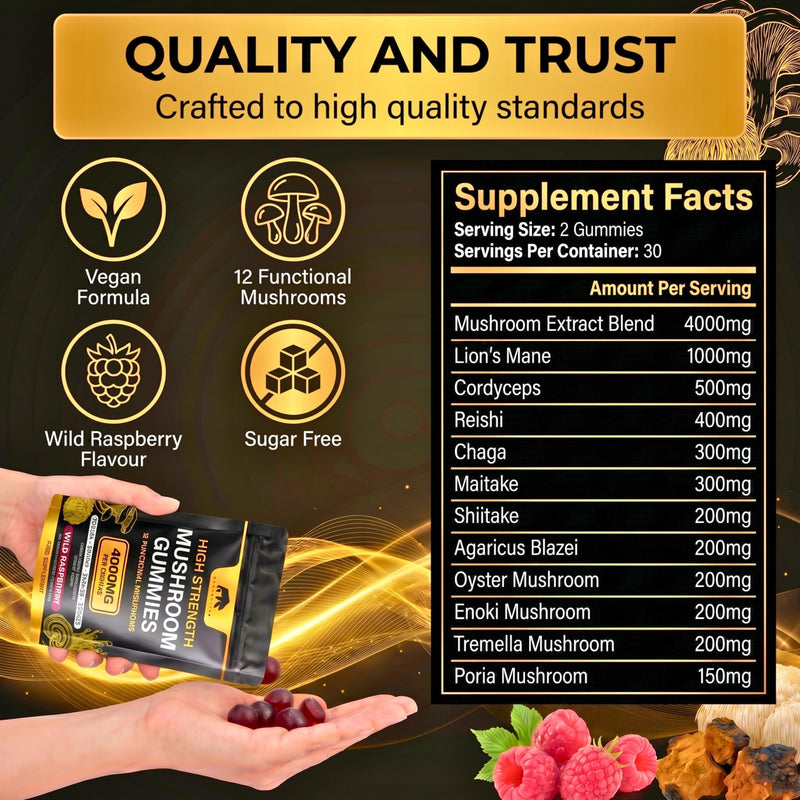 Mushroom Gummies 4000mg – 12 Functional Mushroom Complex with Lions Mane, Cordyceps, Reishi, Chaga, Maitake & Shiitake – Wild Raspberry Flavour – Vegan Food Supplement – 60 Gummies