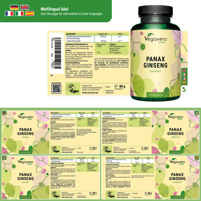 Vegavero Panax Ginseng | 4,800 mg (8:1 Extract) | with 20% Ginsenosides | NO Additives | 120 Vegan Capsules | Korean Red Ginseng