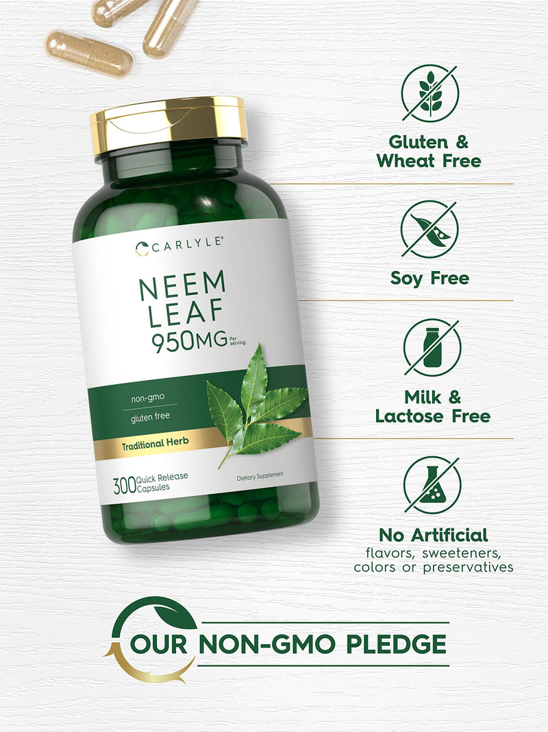 Carlyle Neem Leaf | 950mg | 300 Powder Capsules | Non-GMO and Gluten Free Formula | Value Size | Traditional Herbal Supplement | Azadirachta Indica 300 Count (Pack of 1)