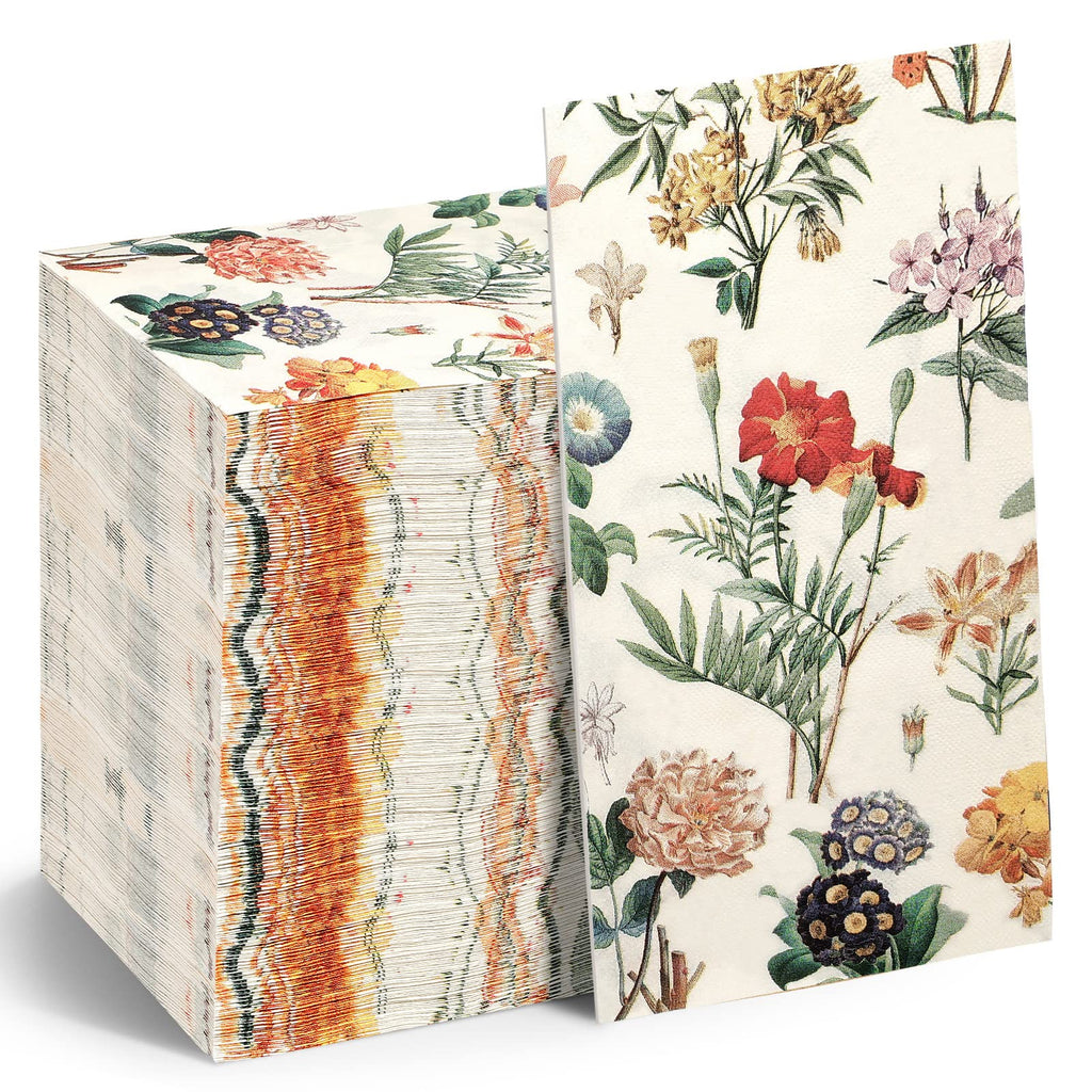 100 Pack Paper Napkins Watercolor Floral Vintage Wild Flower Disposable Hand Towels Decorative Paper Guest for Bathroom Wedding Birthday Party Baby Shower 4.3 x 7.9 Inch 100